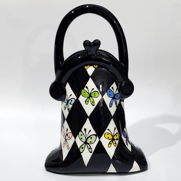 10" Handbag Purse Ceramic Harlaquin Black White Diamin Butterflies MacKensie Art - Picture 2 of 11